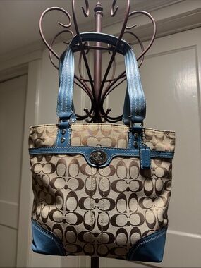 Coach Beige Signature Tote with Blue Leather Trim
